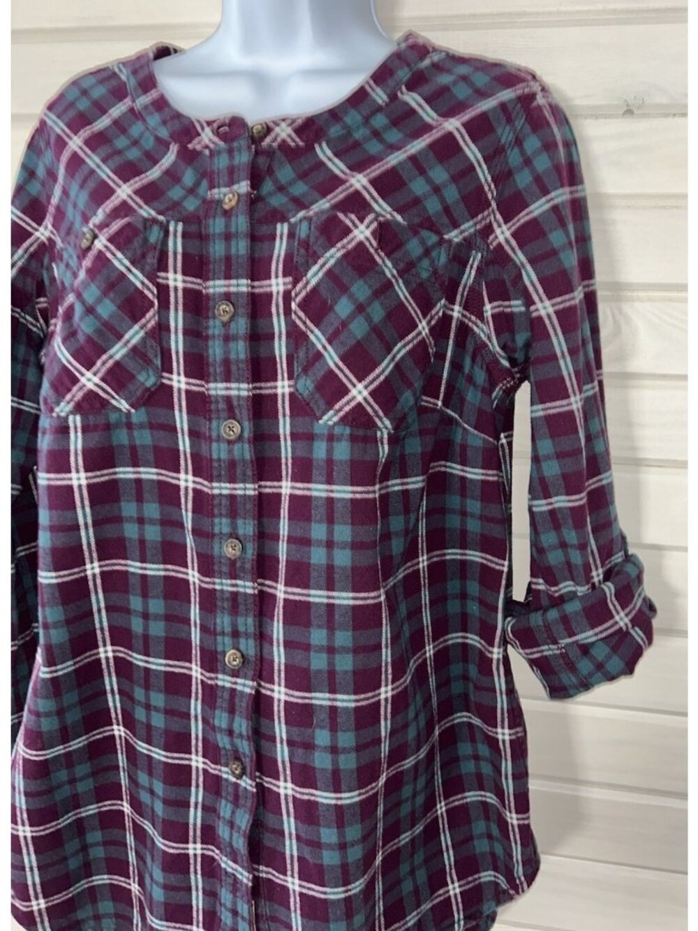Duluth Trading Co Sz SMALL Free Swinging’ Cotton Flannel Tunic Shirt Plaid EUC